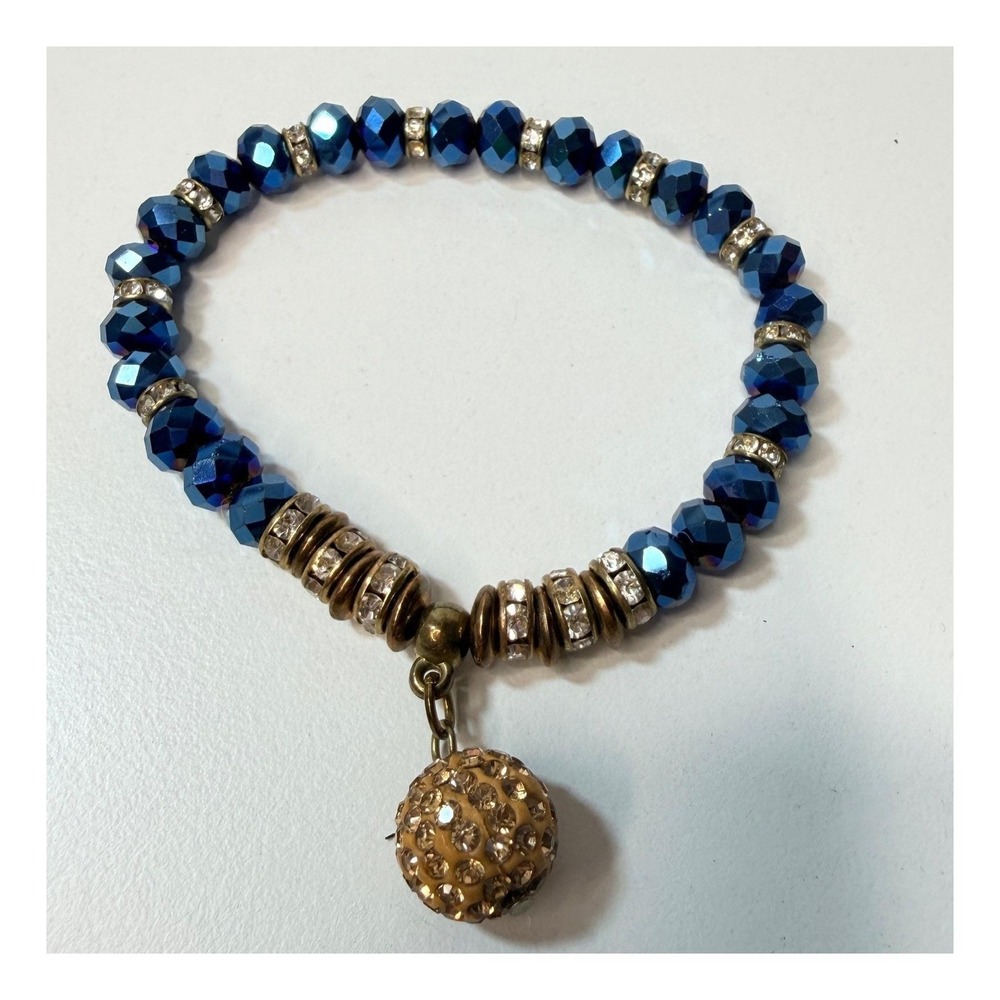 Blue Faceted Crystal Bead Stretch Bracelet Pave Ball Charm Rhinestone Boho